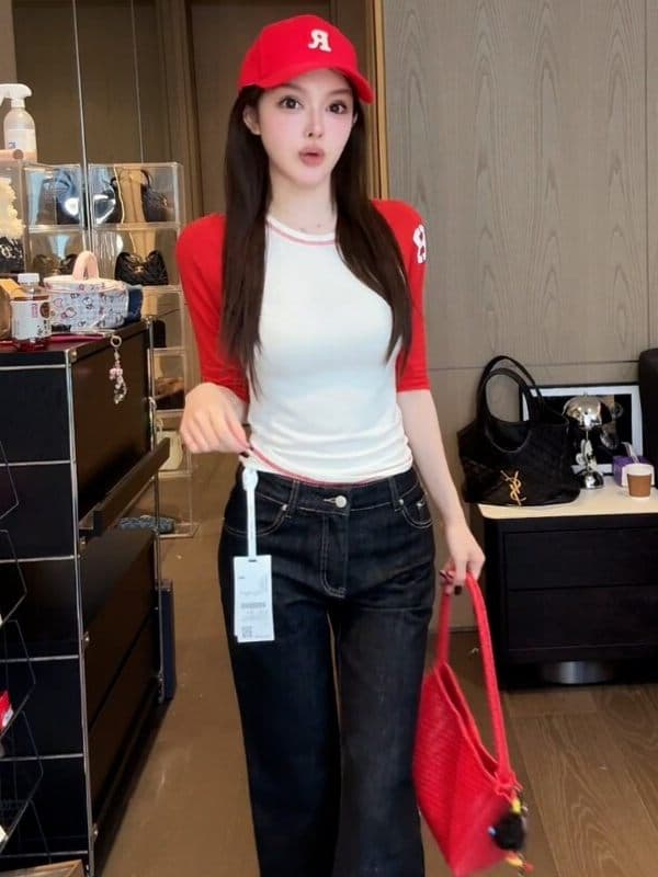 아메리칸 핫걸 바람 배색 라운드 넥 삽입 어깨 소매 티셔츠 여성 여름 디자인 센스 몸매 가꾸기 슬림해 보이는 외국 가스 중간 소매 맨위 이미지 4