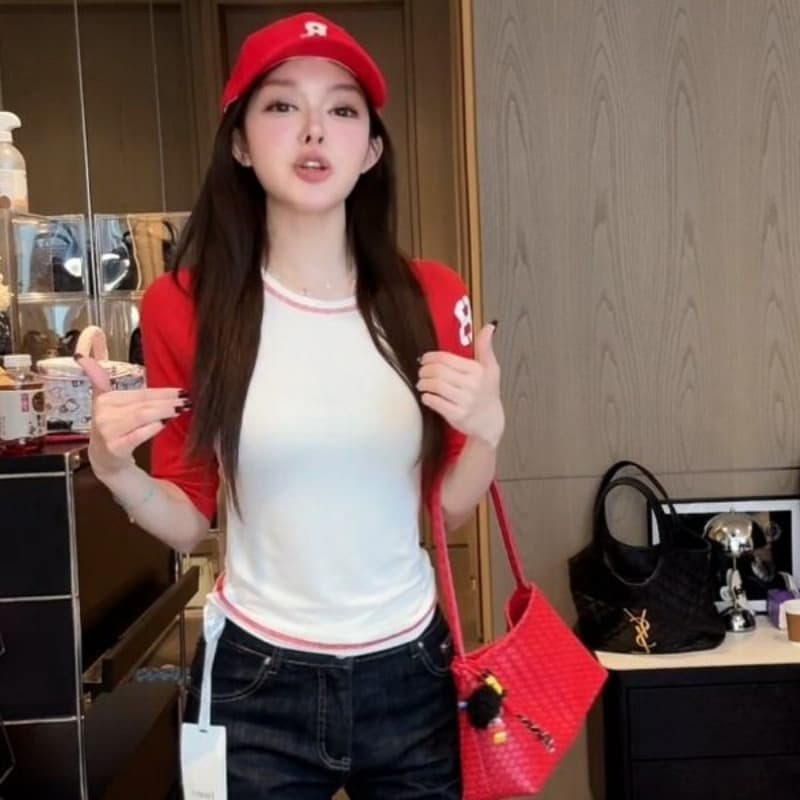 아메리칸 핫걸 바람 배색 라운드 넥 삽입 어깨 소매 티셔츠 여성 여름 디자인 센스 몸매 가꾸기 슬림해 보이는 외국 가스 중간 소매 맨위 이미지 5