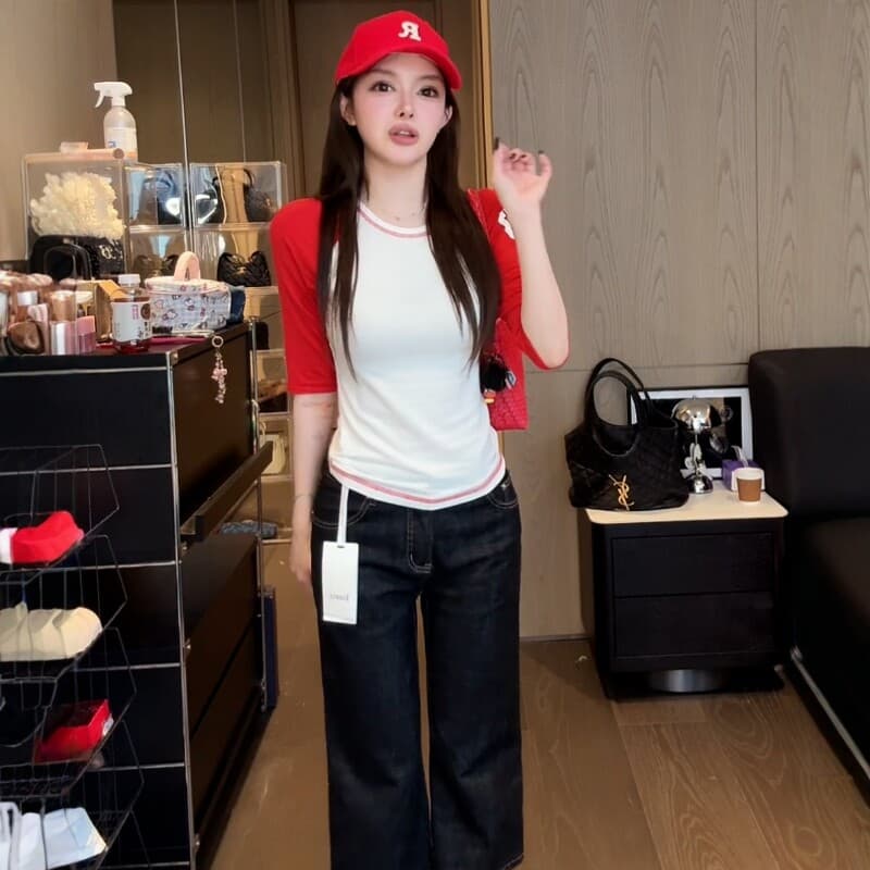 아메리칸 핫걸 바람 배색 라운드 넥 삽입 어깨 소매 티셔츠 여성 여름 디자인 센스 몸매 가꾸기 슬림해 보이는 외국 가스 중간 소매 맨위 상세 이미지 1