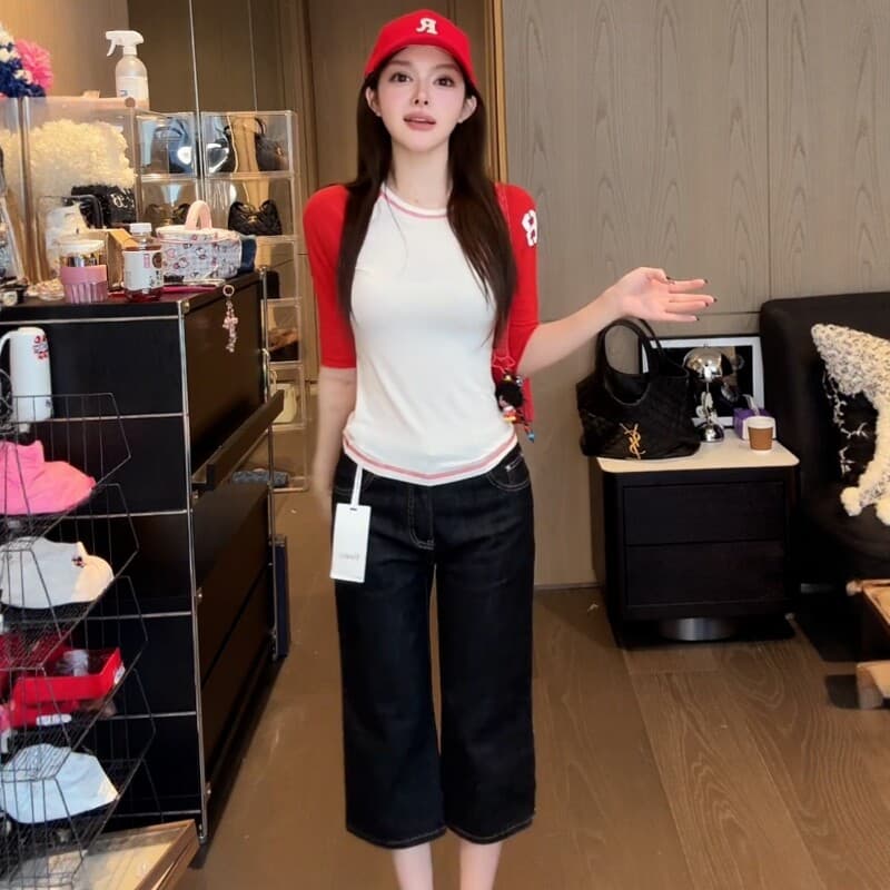 아메리칸 핫걸 바람 배색 라운드 넥 삽입 어깨 소매 티셔츠 여성 여름 디자인 센스 몸매 가꾸기 슬림해 보이는 외국 가스 중간 소매 맨위 상세 이미지 2