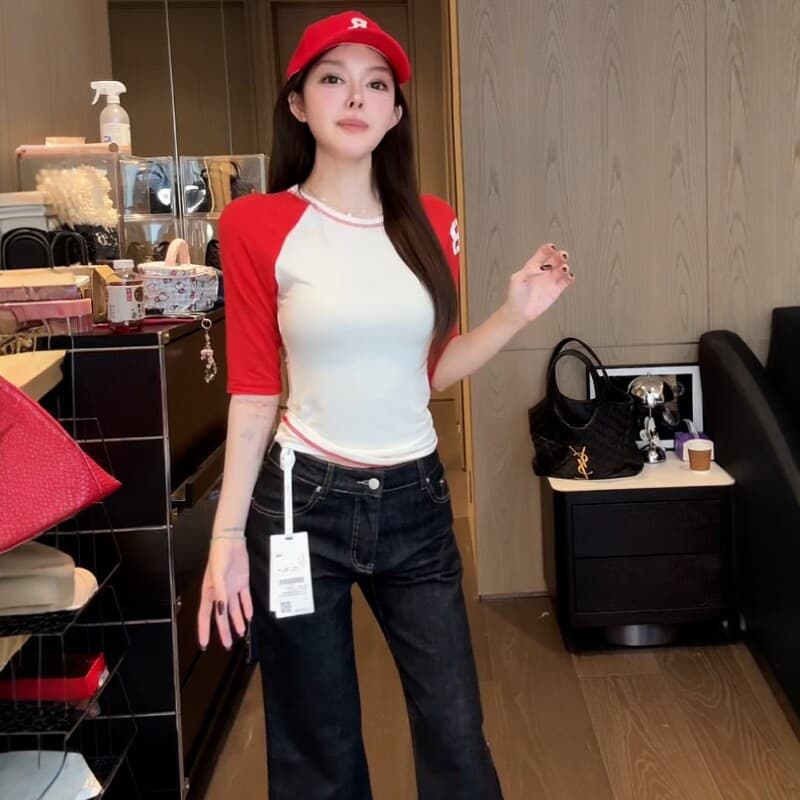 아메리칸 핫걸 바람 배색 라운드 넥 삽입 어깨 소매 티셔츠 여성 여름 디자인 센스 몸매 가꾸기 슬림해 보이는 외국 가스 중간 소매 맨위 상세 이미지 3