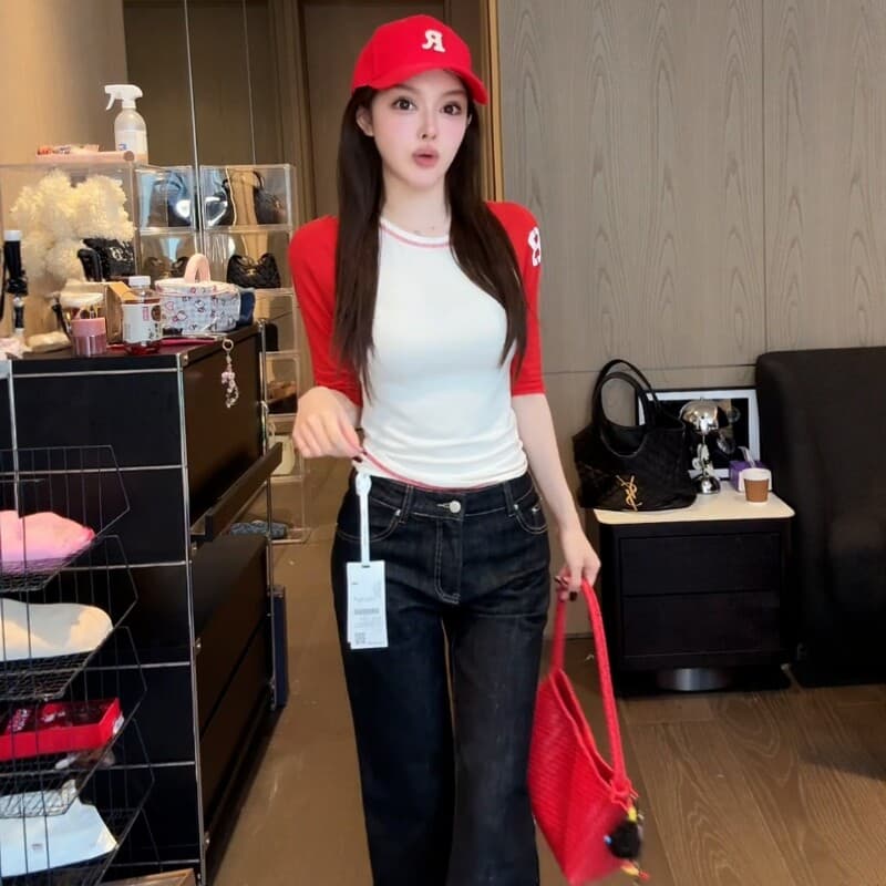 아메리칸 핫걸 바람 배색 라운드 넥 삽입 어깨 소매 티셔츠 여성 여름 디자인 센스 몸매 가꾸기 슬림해 보이는 외국 가스 중간 소매 맨위 상세 이미지 4