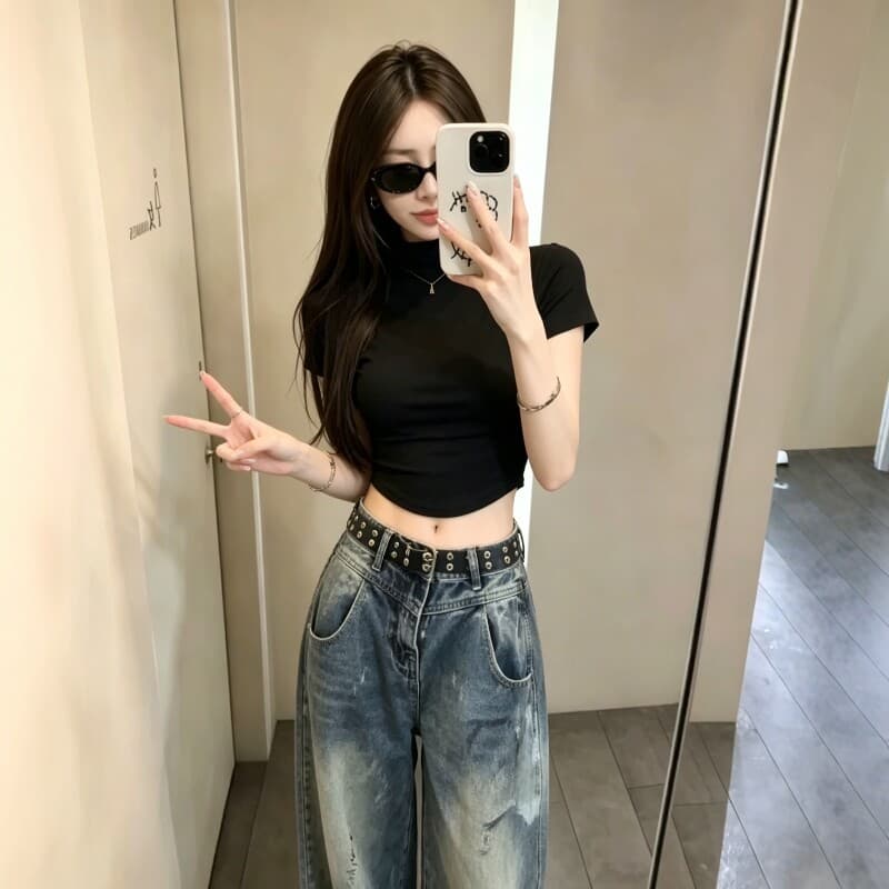 섹시함 검정색 반하이넥 긍정적 인 어깨 반팔 티셔츠 여성 여름 미니멀리즘 이슬 뼈의 몸매 가꾸기 슬림해 보이는 다용도 타이트 맨위 상세 이미지 1