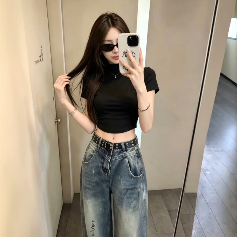 섹시함 검정색 반하이넥 긍정적 인 어깨 반팔 티셔츠 여성 여름 미니멀리즘 이슬 뼈의 몸매 가꾸기 슬림해 보이는 다용도 타이트 맨위 상세 이미지 3
