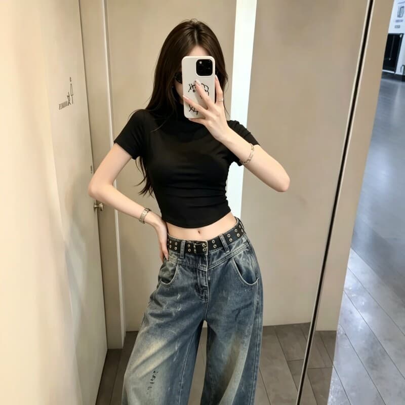 섹시함 검정색 반하이넥 긍정적 인 어깨 반팔 티셔츠 여성 여름 미니멀리즘 이슬 뼈의 몸매 가꾸기 슬림해 보이는 다용도 타이트 맨위 상세 이미지 4