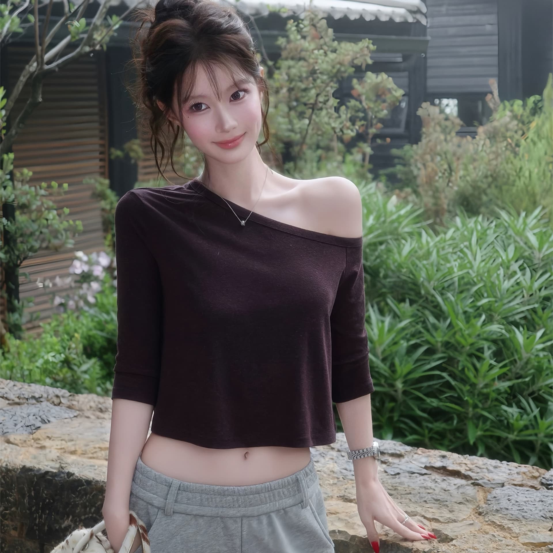 고유 한 Chic 비스듬한 어깨 보트넥 중간 소매 티셔츠 여름 여성 2026 새로운 루즈핏 슬림해 보이는 오프숄더 다용도 맨위 이미지 6