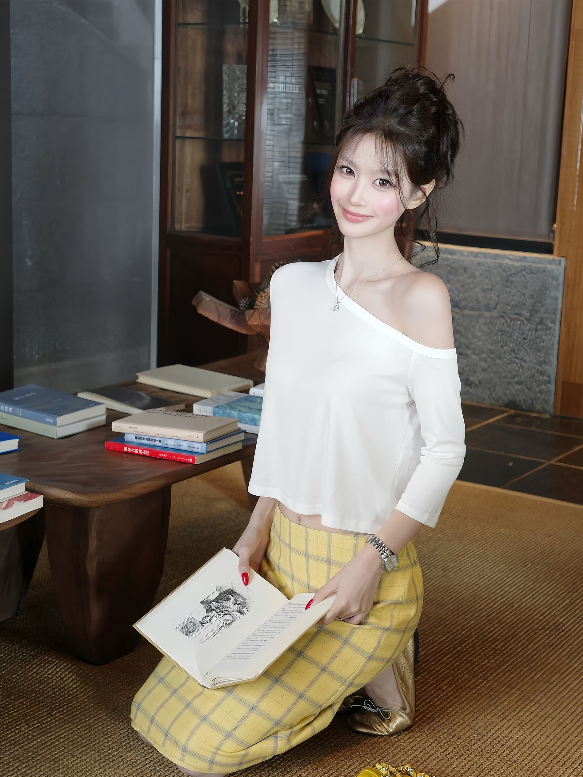 고유 한 Chic 비스듬한 어깨 보트넥 중간 소매 티셔츠 여름 여성 2026 새로운 루즈핏 슬림해 보이는 오프숄더 다용도 맨위 상세 이미지 9