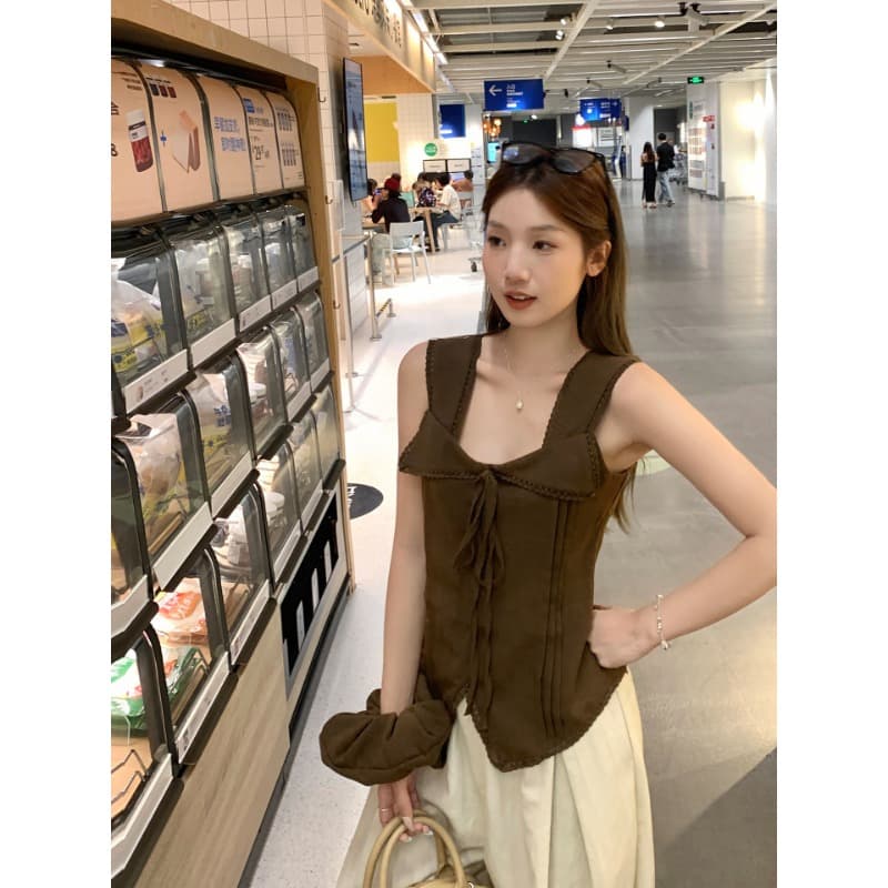 레이스 조각 캐미솔 핫걸 나비 넥타이 허리 수축 슬림해 보이는 민소매 맨위 배당 서클 이미지 2