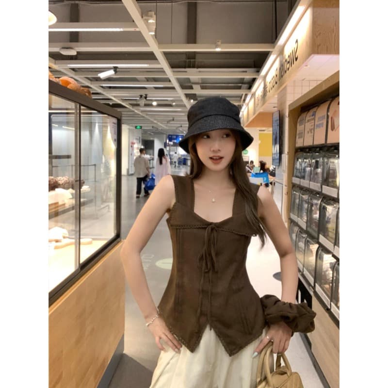 레이스 조각 캐미솔 핫걸 나비 넥타이 허리 수축 슬림해 보이는 민소매 맨위 배당 서클 이미지 4