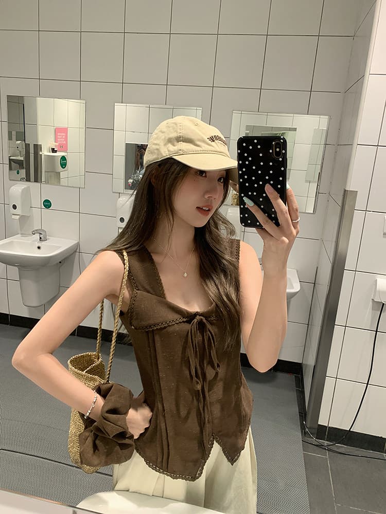 레이스 조각 캐미솔 핫걸 나비 넥타이 허리 수축 슬림해 보이는 민소매 맨위 배당 서클 상세 이미지 7