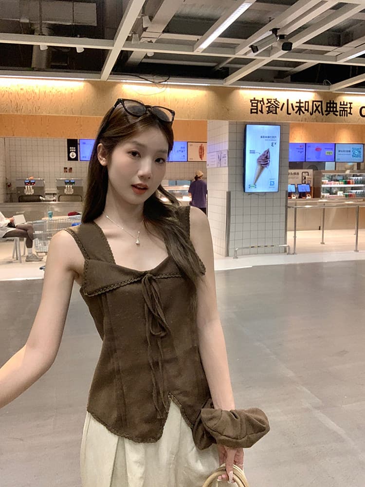 레이스 조각 캐미솔 핫걸 나비 넥타이 허리 수축 슬림해 보이는 민소매 맨위 배당 서클 상세 이미지 10