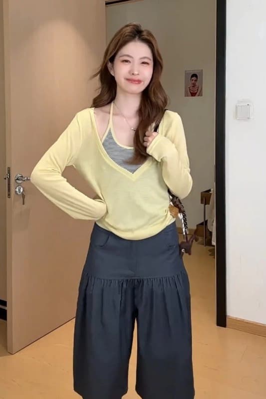 황색 페이크 레이어드 스트라이프 행침 목 긴팔 티셔츠 여성 2026 조기 가을 새로운 고유 한 아름다운 그레이트 봐. 의류 이미지 7