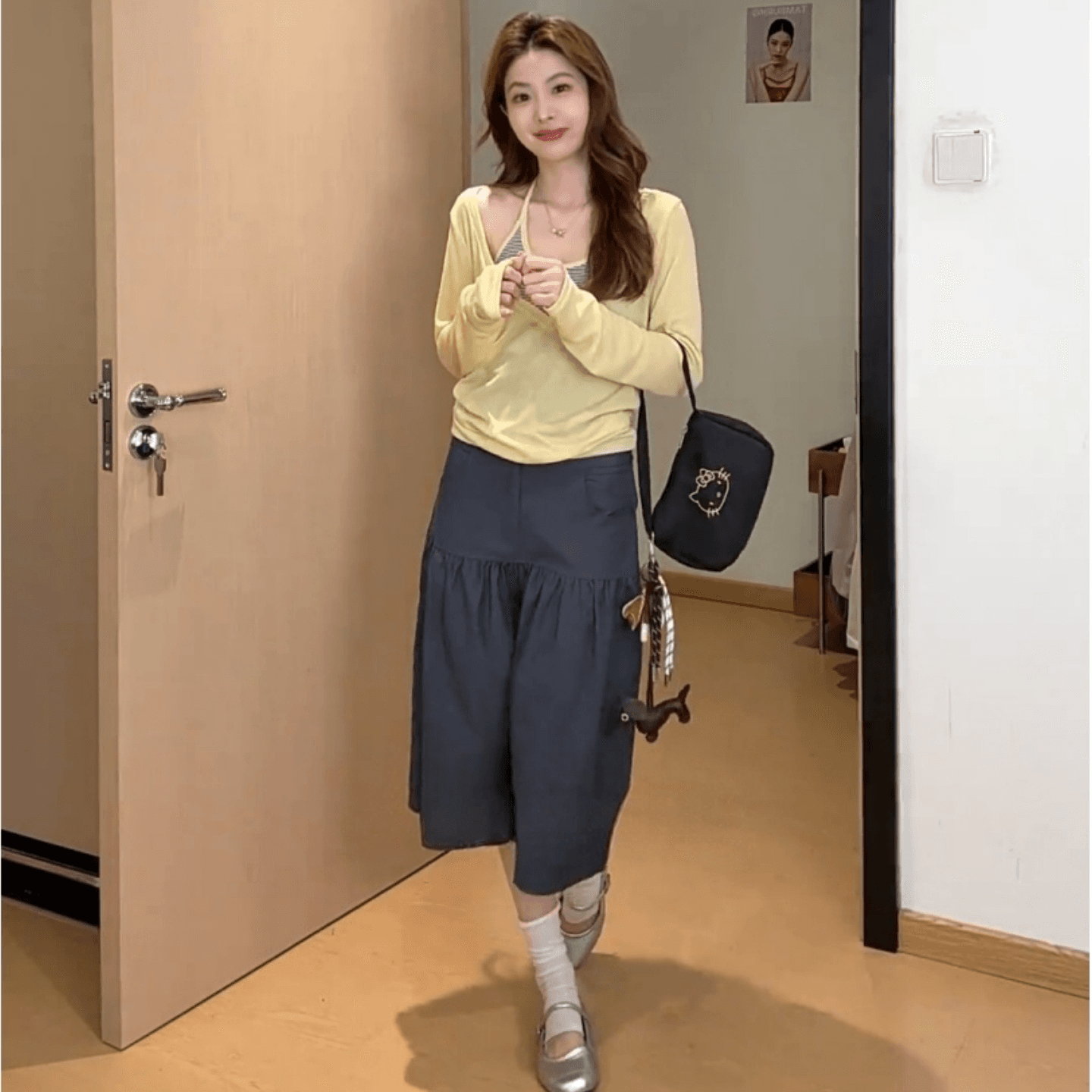 황색 페이크 레이어드 스트라이프 행침 목 긴팔 티셔츠 여성 2026 조기 가을 새로운 고유 한 아름다운 그레이트 봐. 의류 상세 이미지 5