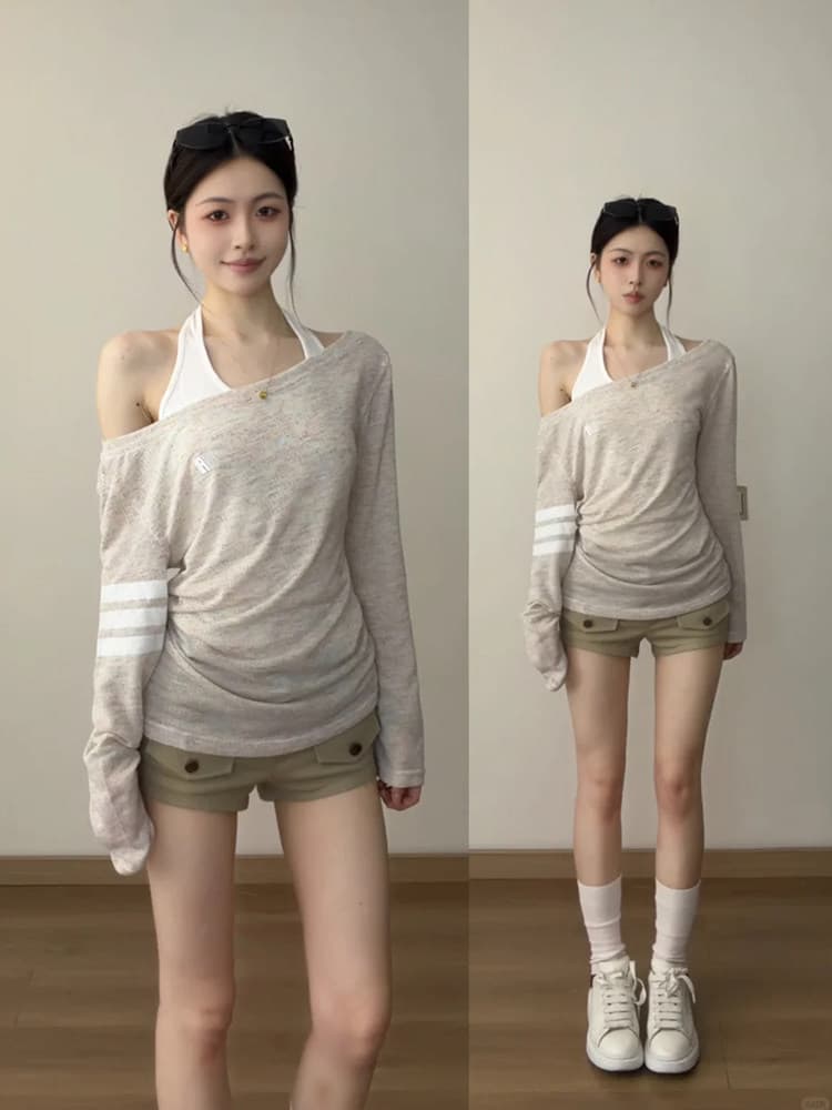 핫걸 품격 행침 목 조끼 얇은 스타일 블라우스 맨위 두 조각 여성 세트 가을 느슨함 센스 스택 착용 슬림해 보이는 세트 이미지 2