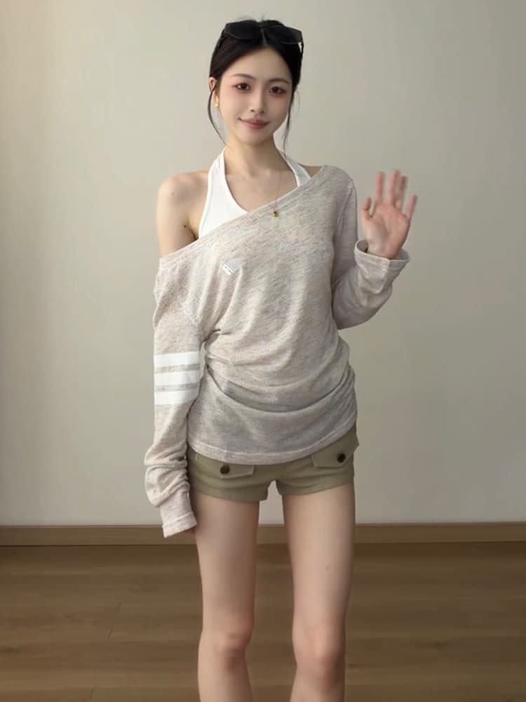 핫걸 품격 행침 목 조끼 얇은 스타일 블라우스 맨위 두 조각 여성 세트 가을 느슨함 센스 스택 착용 슬림해 보이는 세트 상세 이미지 5