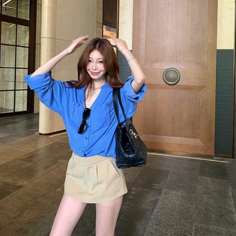 오래된 돈 바람 파란색 스탠드 칼라 긴팔 여성 셔츠 여름 얇은 스타일 루즈핏 슬림해 보이는 셔츠 품격 다용도 오픈 가디건 맨위 이미지 6