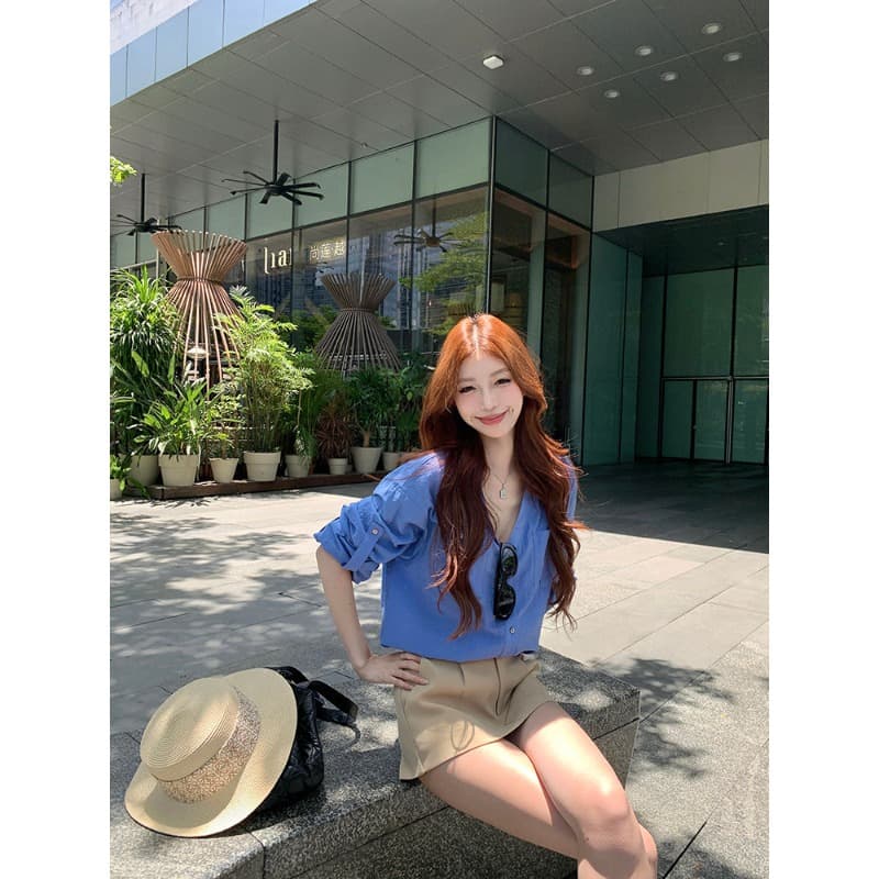 오래된 돈 바람 파란색 스탠드 칼라 긴팔 여성 셔츠 여름 얇은 스타일 루즈핏 슬림해 보이는 셔츠 품격 다용도 오픈 가디건 맨위 이미지 2