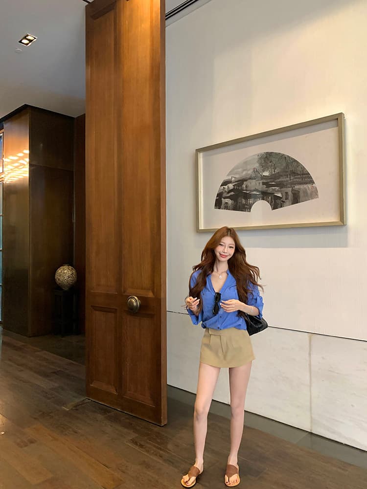 오래된 돈 바람 파란색 스탠드 칼라 긴팔 여성 셔츠 여름 얇은 스타일 루즈핏 슬림해 보이는 셔츠 품격 다용도 오픈 가디건 맨위 상세 이미지 1