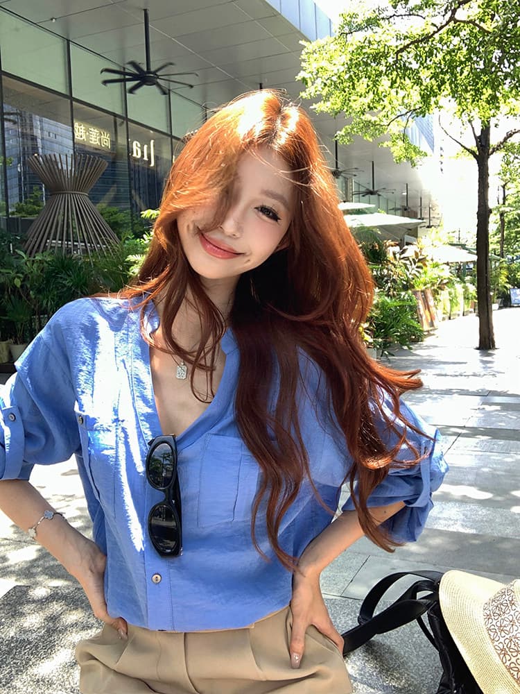 오래된 돈 바람 파란색 스탠드 칼라 긴팔 여성 셔츠 여름 얇은 스타일 루즈핏 슬림해 보이는 셔츠 품격 다용도 오픈 가디건 맨위 상세 이미지 2