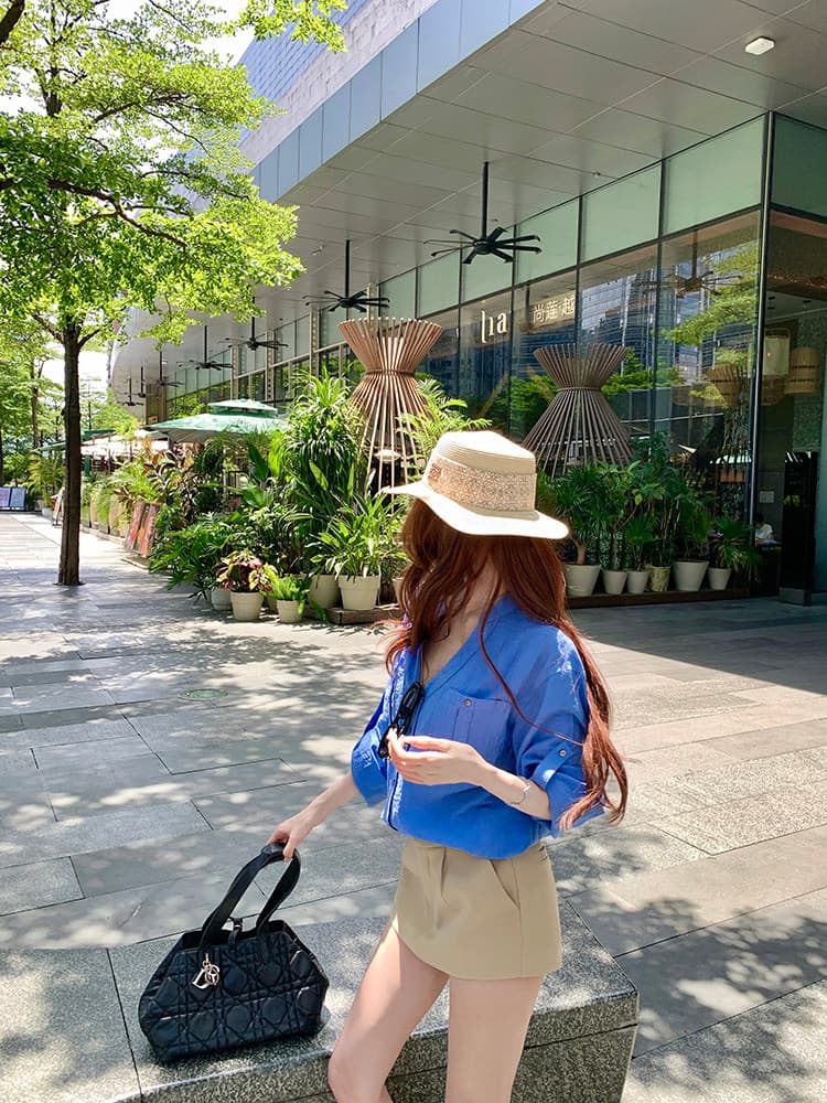 오래된 돈 바람 파란색 스탠드 칼라 긴팔 여성 셔츠 여름 얇은 스타일 루즈핏 슬림해 보이는 셔츠 품격 다용도 오픈 가디건 맨위 상세 이미지 3