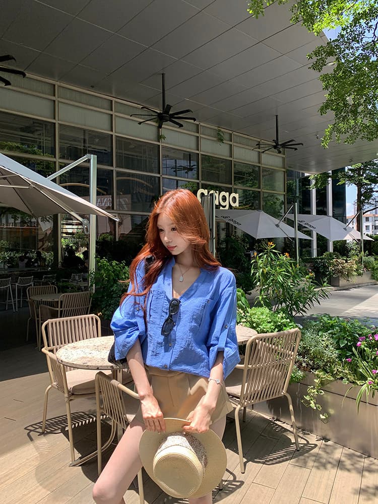 오래된 돈 바람 파란색 스탠드 칼라 긴팔 여성 셔츠 여름 얇은 스타일 루즈핏 슬림해 보이는 셔츠 품격 다용도 오픈 가디건 맨위 상세 이미지 7