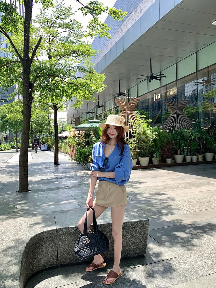 오래된 돈 바람 파란색 스탠드 칼라 긴팔 여성 셔츠 여름 얇은 스타일 루즈핏 슬림해 보이는 셔츠 품격 다용도 오픈 가디건 맨위 상세 이미지 10