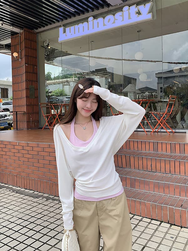 한 부서 느슨함 센스 화이트 V넥 허리 수축 긴팔 맨위 여성 이른 가을 새로운 스트라이프 행침 목 캐미솔 투피스 세트 이미지 3