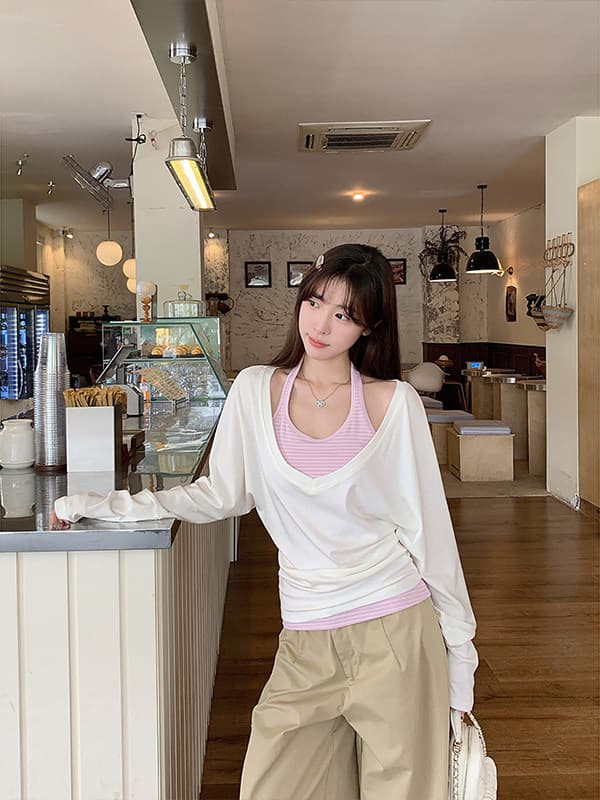 한 부서 느슨함 센스 화이트 V넥 허리 수축 긴팔 맨위 여성 이른 가을 새로운 스트라이프 행침 목 캐미솔 투피스 세트 이미지 4