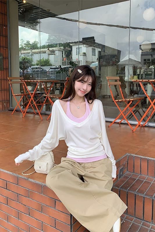 한 부서 느슨함 센스 화이트 V넥 허리 수축 긴팔 맨위 여성 이른 가을 새로운 스트라이프 행침 목 캐미솔 투피스 세트 이미지 6