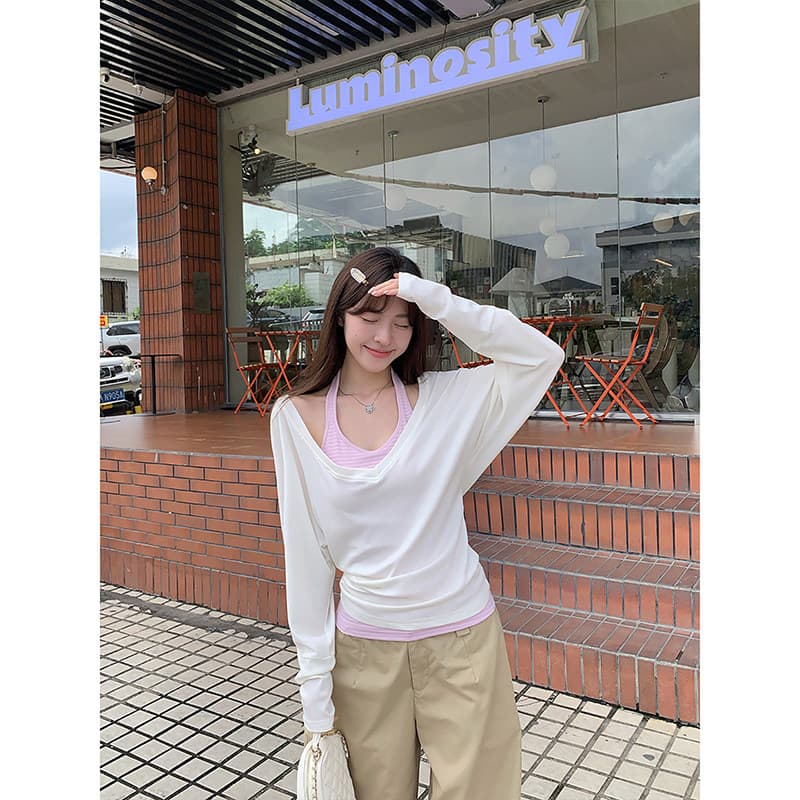 한 부서 느슨함 센스 화이트 V넥 허리 수축 긴팔 맨위 여성 이른 가을 새로운 스트라이프 행침 목 캐미솔 투피스 세트 상세 이미지 2