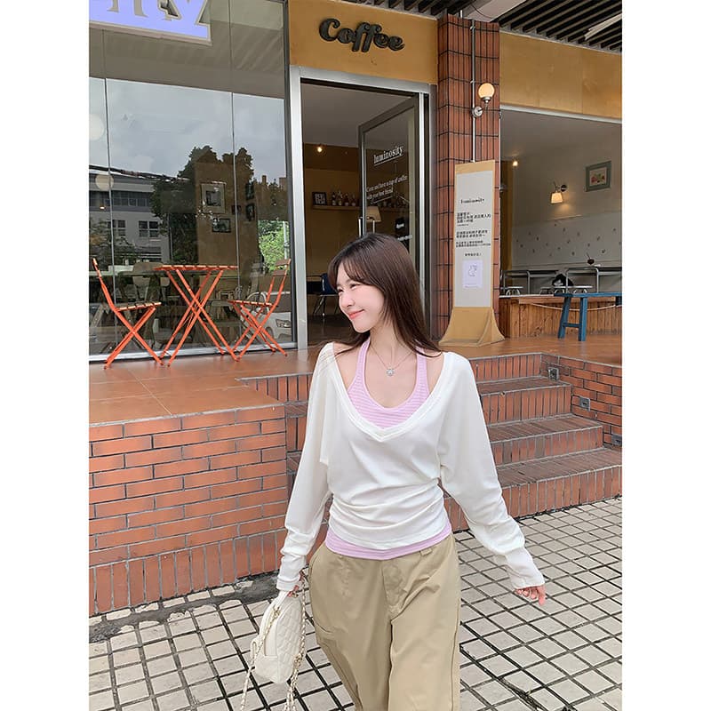 한 부서 느슨함 센스 화이트 V넥 허리 수축 긴팔 맨위 여성 이른 가을 새로운 스트라이프 행침 목 캐미솔 투피스 세트 상세 이미지 4