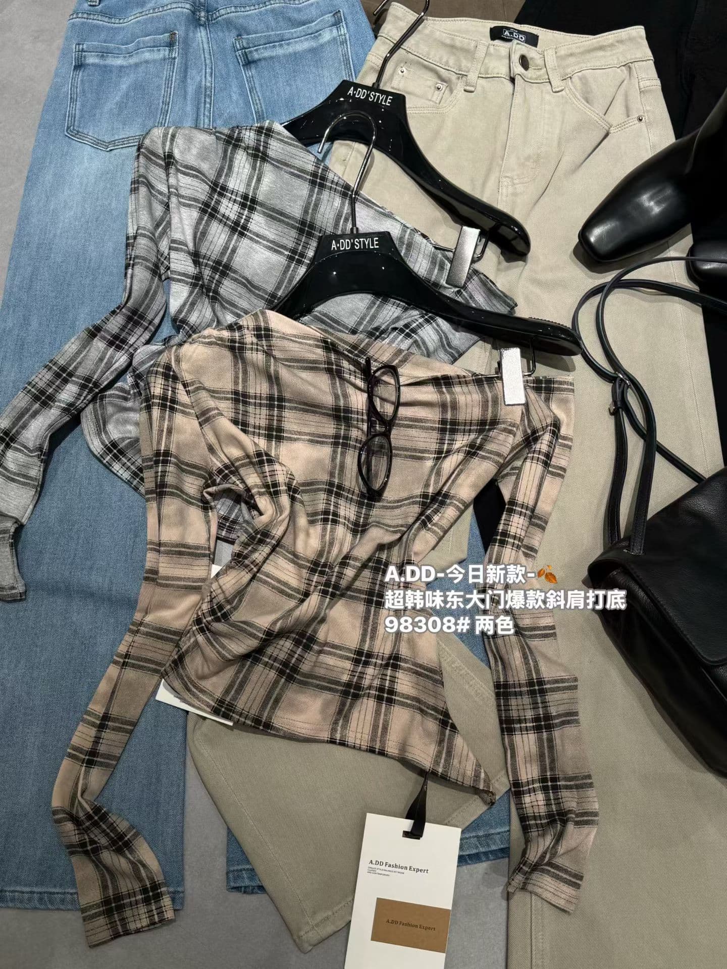 add 체크무늬 맨위 26 이른 가을 새로운 품격 몸매 가꾸기 슬림해 보이는 비스듬한 어깨 디자인 센스 체크무늬 긴팔 티셔츠 기본 셔츠 상세 이미지 3