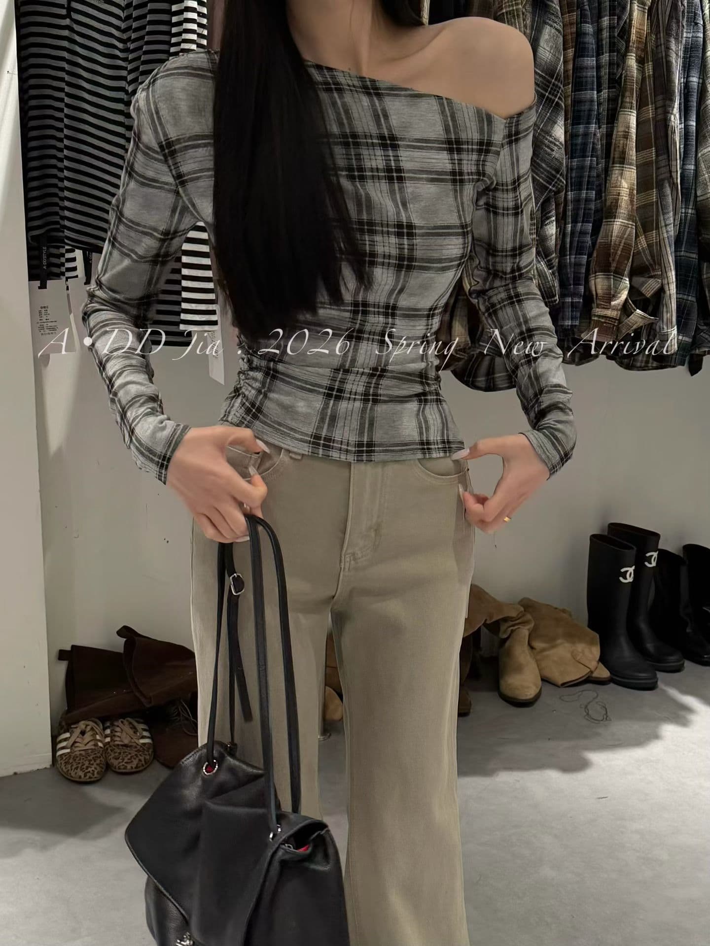 add 체크무늬 맨위 26 이른 가을 새로운 품격 몸매 가꾸기 슬림해 보이는 비스듬한 어깨 디자인 센스 체크무늬 긴팔 티셔츠 기본 셔츠 상세 이미지 5