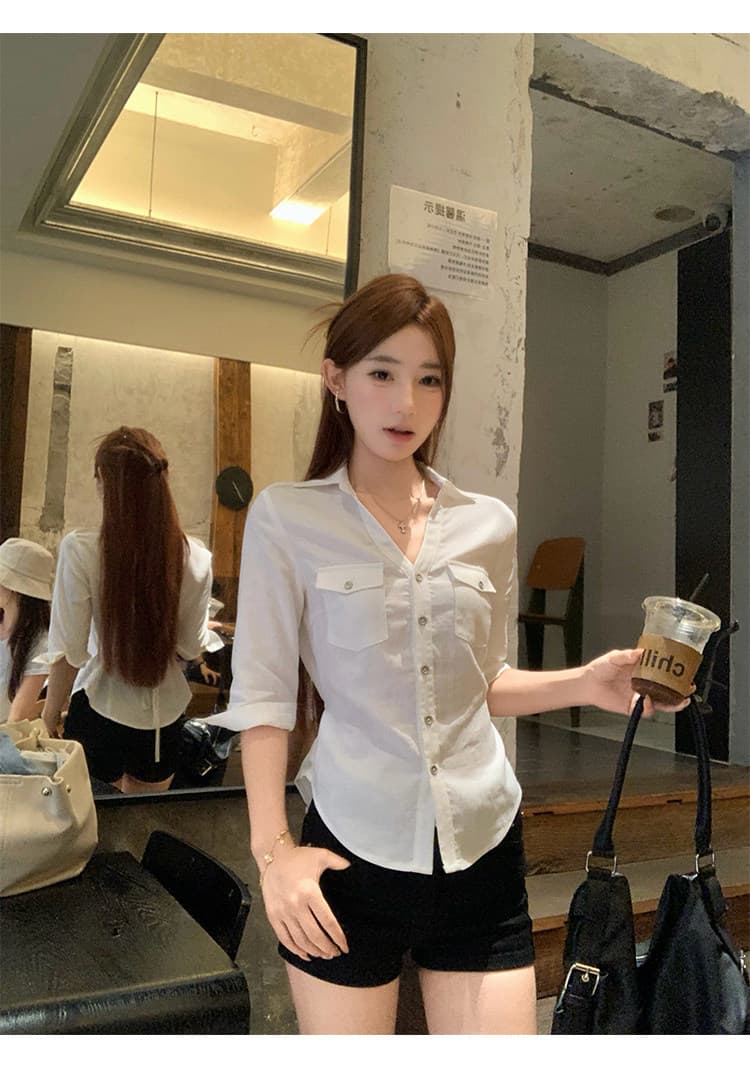 V넥 중간 소매 화이트 여성 셔츠 가을 높음 지혜 센스 몸매 가꾸기 셔츠 7부 소매 맨위 상세 이미지 17