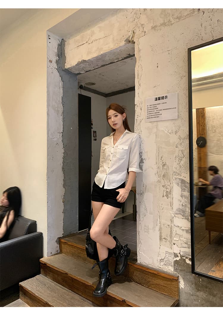 V넥 중간 소매 화이트 여성 셔츠 가을 높음 지혜 센스 몸매 가꾸기 셔츠 7부 소매 맨위 상세 이미지 18