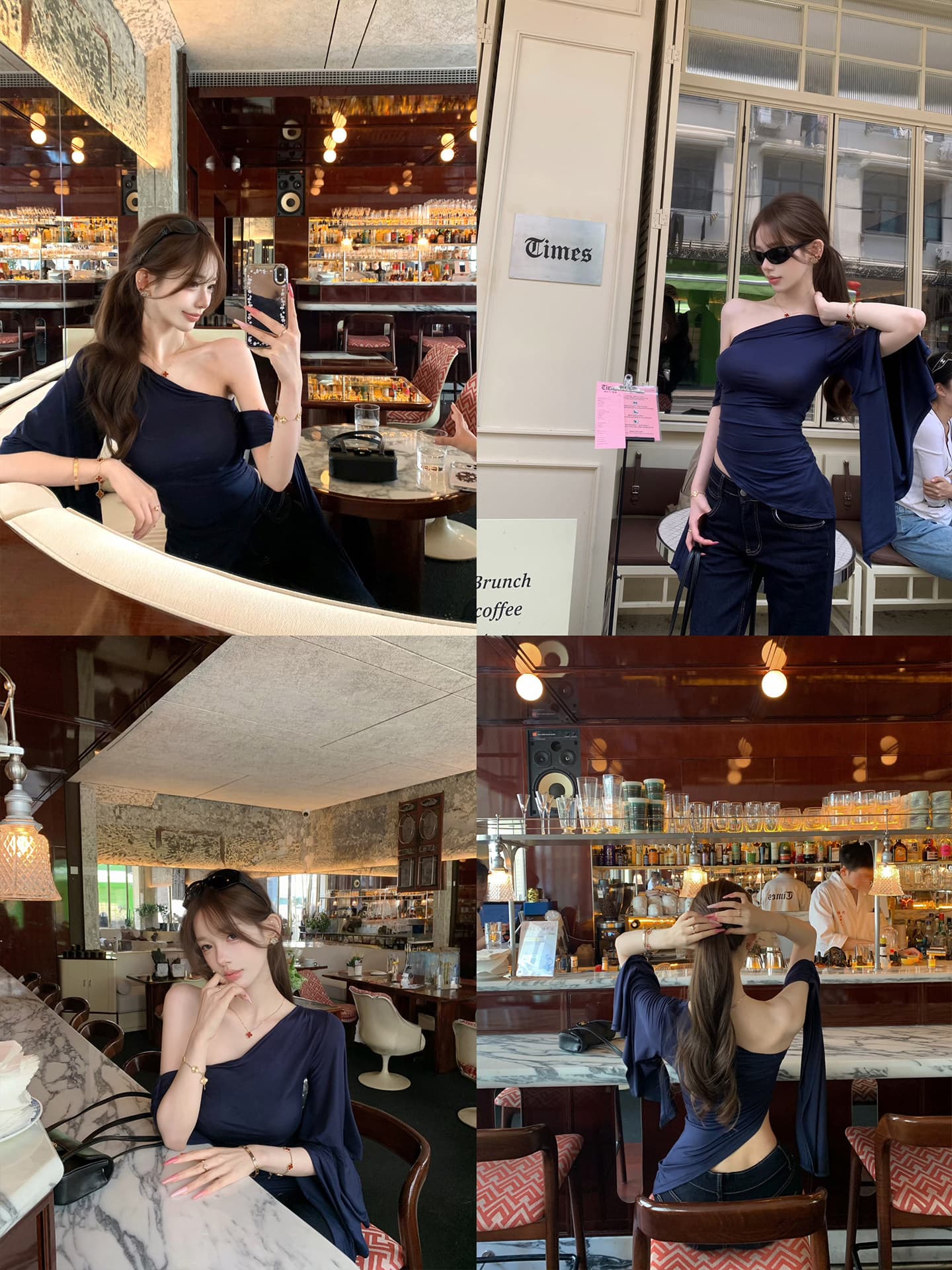 불규칙 비스듬한 어깨 디자인 티셔츠 리본 허리 수축 맨위 여성 이미지 4