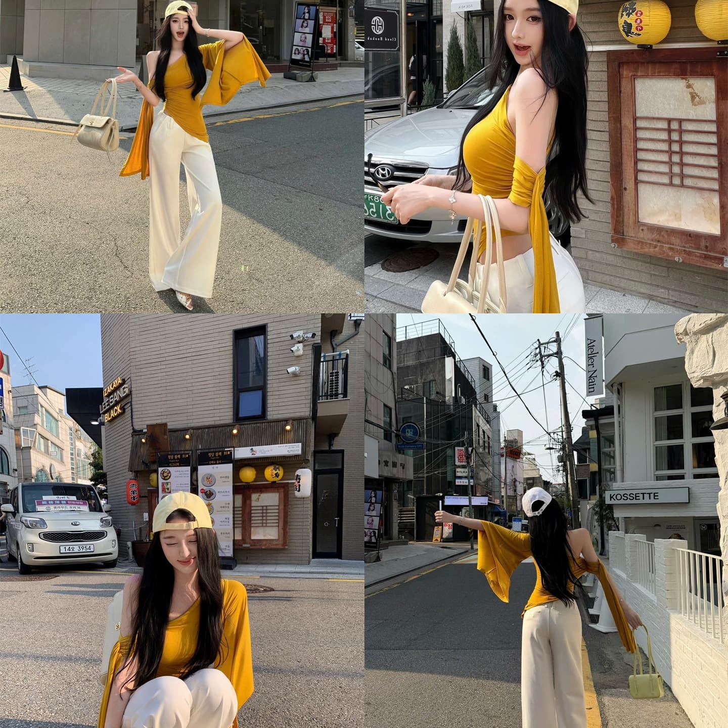 불규칙 비스듬한 어깨 디자인 티셔츠 리본 허리 수축 맨위 여성 이미지 5