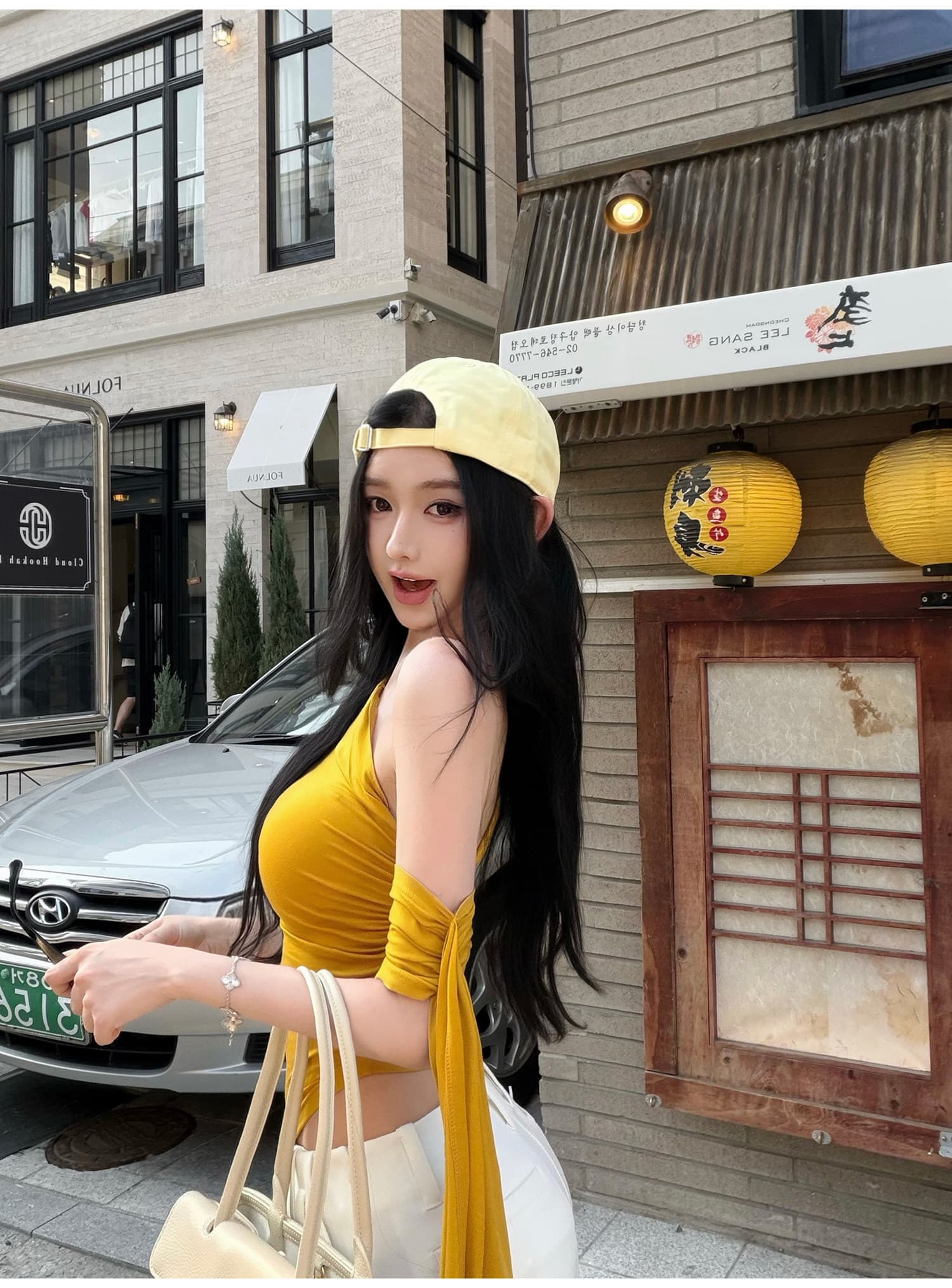 불규칙 비스듬한 어깨 디자인 티셔츠 리본 허리 수축 맨위 여성 상세 이미지 4