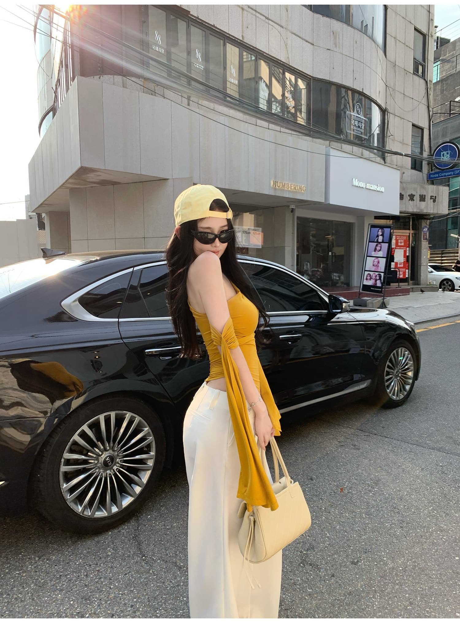 불규칙 비스듬한 어깨 디자인 티셔츠 리본 허리 수축 맨위 여성 상세 이미지 12