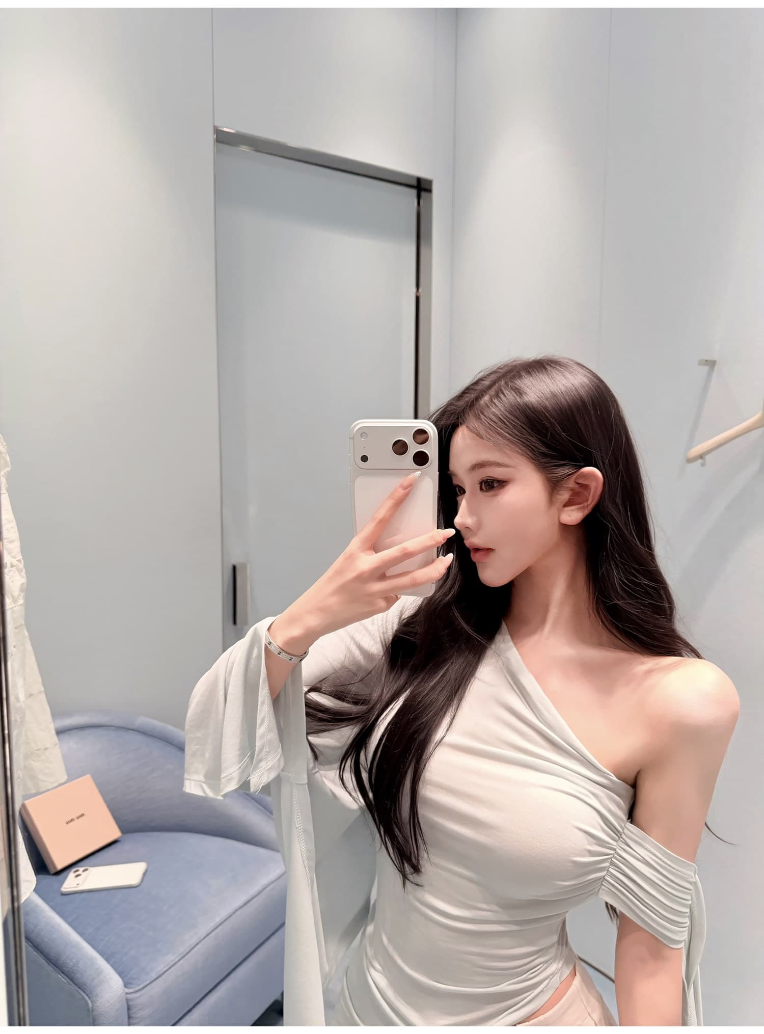 불규칙 비스듬한 어깨 디자인 티셔츠 리본 허리 수축 맨위 여성 상세 이미지 18