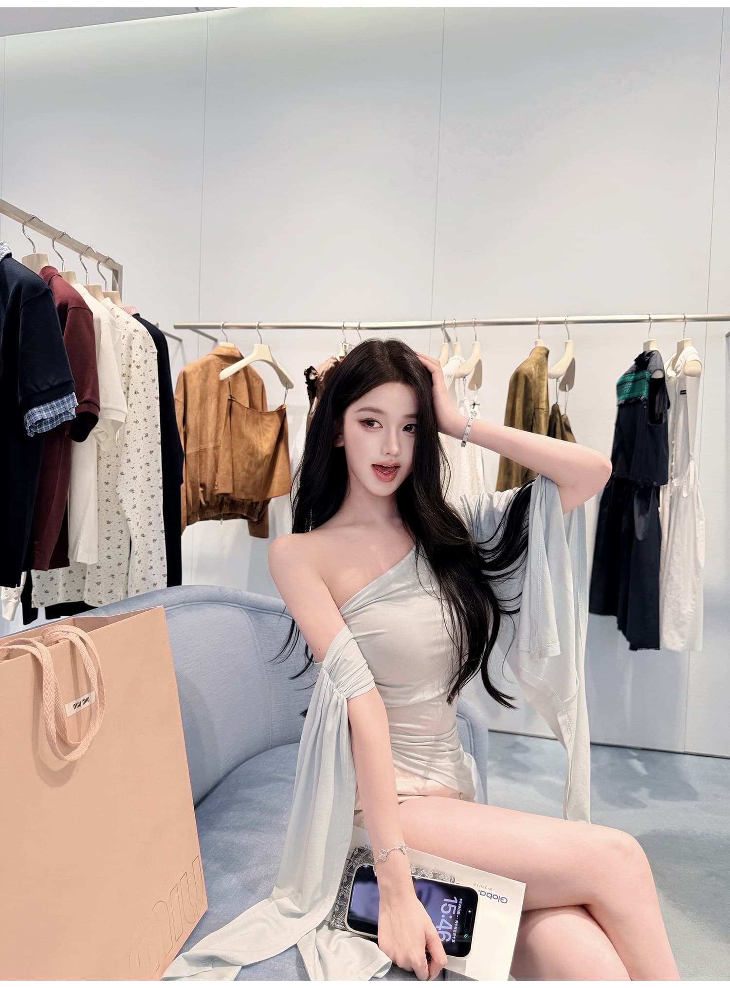 불규칙 비스듬한 어깨 디자인 티셔츠 리본 허리 수축 맨위 여성 상세 이미지 19