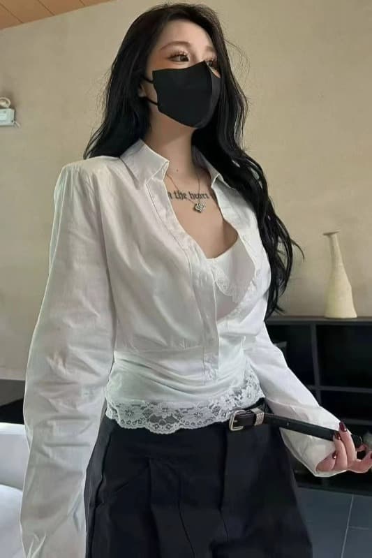 프랑스식 사소한 화이트 POLO 칼라 레이스 조각 꼬집기 허리 셔츠 고급 센스 빛 럭셔리 연령 감소 외국 가스 맨위 26 가을 이미지 6
