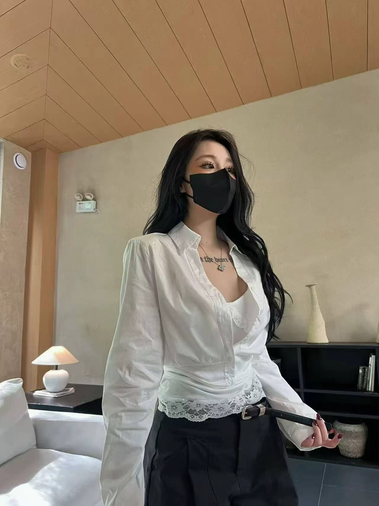 프랑스식 사소한 화이트 POLO 칼라 레이스 조각 꼬집기 허리 셔츠 고급 센스 빛 럭셔리 연령 감소 외국 가스 맨위 26 가을 상세 이미지 4