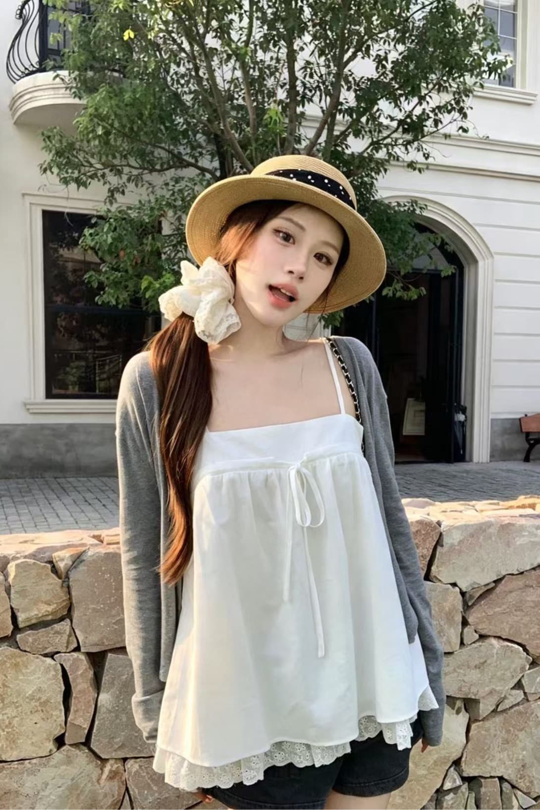 송 긍정적 인 En 화이트 캐미솔 인사이드 가져 가라. 가을 새로운 레이스 디자인 센스 루즈핏 한 부서 아름다운 작은 맨위 이미지 6