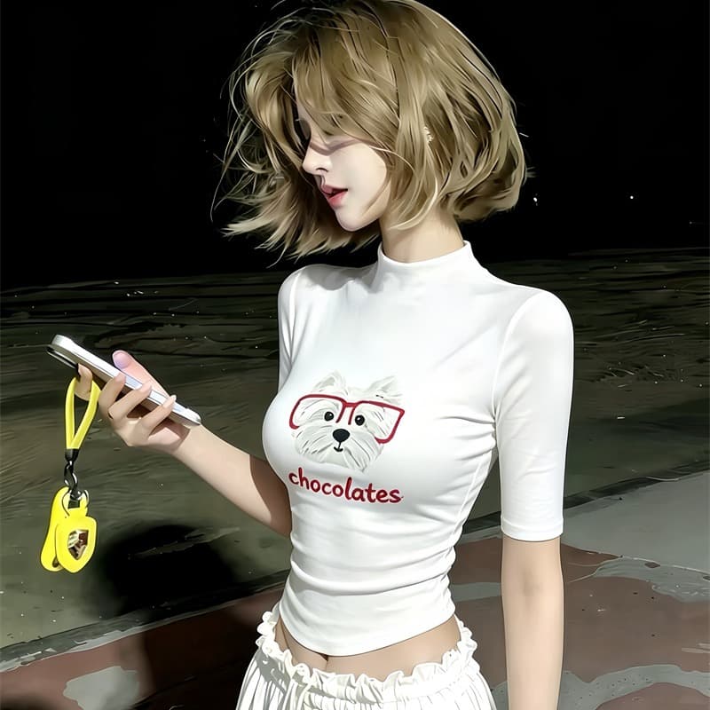 한 스타일 귀여운 강아지 프린트 반팔 티셔츠 여성 여름 새로운 허리 수축 슬림해 보이는 디자인 아름다운 반하이넥 맨위 이미지 5