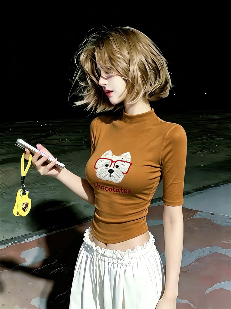 한 스타일 귀여운 강아지 프린트 반팔 티셔츠 여성 여름 새로운 허리 수축 슬림해 보이는 디자인 아름다운 반하이넥 맨위 상세 이미지 2