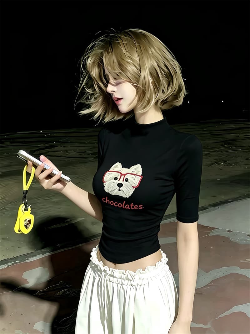 한 스타일 귀여운 강아지 프린트 반팔 티셔츠 여성 여름 새로운 허리 수축 슬림해 보이는 디자인 아름다운 반하이넥 맨위 상세 이미지 5