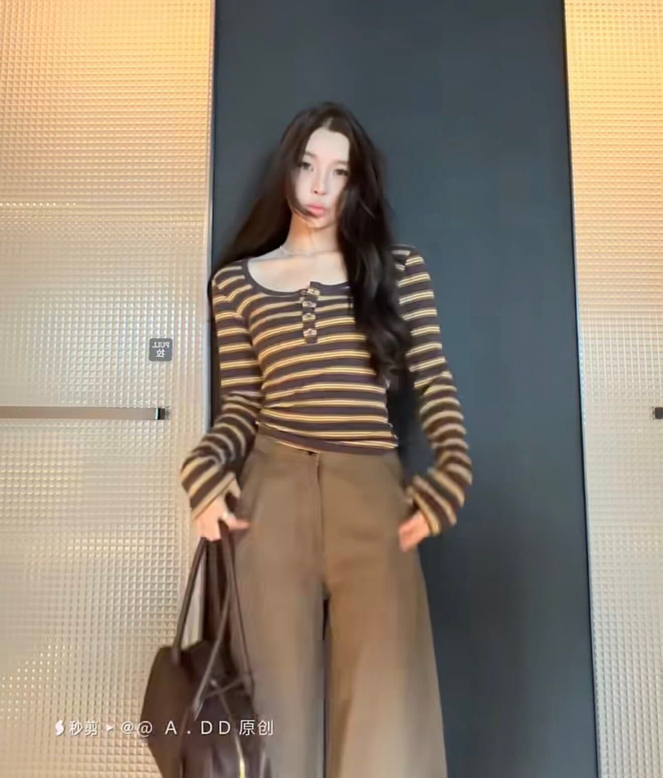 배색 스트라이프 한 부서 레트로 긴팔 티셔츠 여성 가을 새로운 몸매 가꾸기 단추 외국 가스 다용도 만나는 맨위 ins 이미지 3