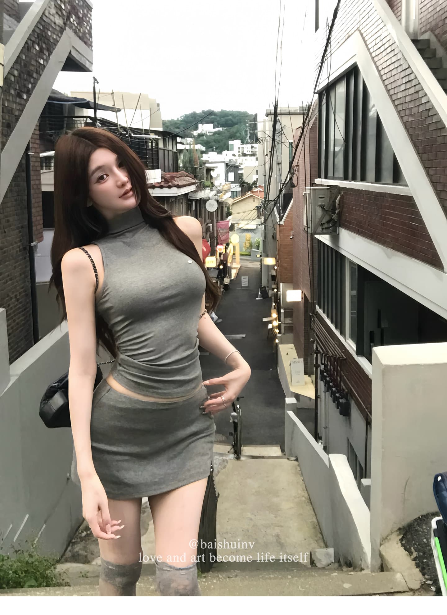 말뚝 더미 칼라 조끼 타이트 스커트 반신 스커트 여성 여름 한 부서 순수한 욕망 데이트 세트 상세 이미지 33