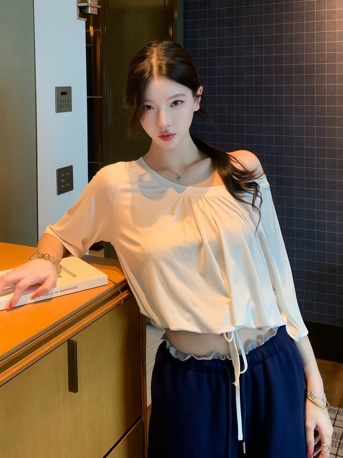 한국 스타일 순수한 욕망 비스듬한 어깨 오프숄더 펌프 로프 반팔 세트 여성 여름 2026 작은 대중 디자인 센스 슬림해 보이는 다용도 착용 가져 가라. 이미지 2